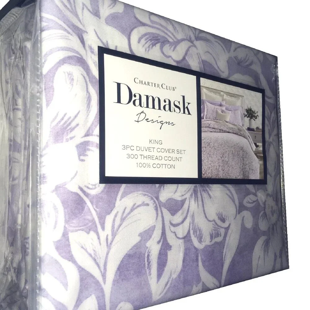 new WHITE + LILAC Charter Club Damask Designs Cotton KING Duvet Cover & 2 Shams